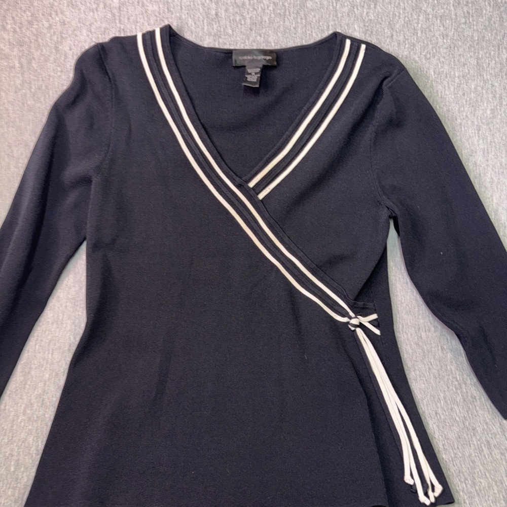 Cable & Gauge Womens Medium Black White Knit Stretch Top V Neck Shirt 3/4 Sleeve
